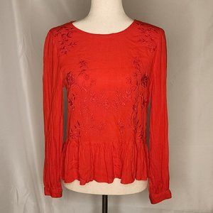 Lucky Bright Red Ruffle Hem Embroidered Key Hole Back Long Sleeve Shirt Size S